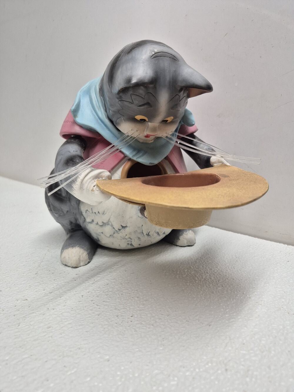Vintage Plastic Cat Bird Feeder Whimsical Novelty Kitty Holding Hat Garden Decor